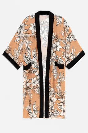 Açık kahve, çiçek desenli Elissa Kimono