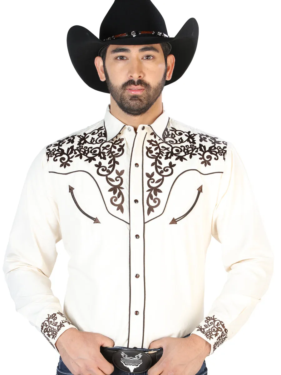 Camisa Vaquera Bordada Manga Larga Beige para Hombre 'El Señor de los Cielos' - ID: 126703