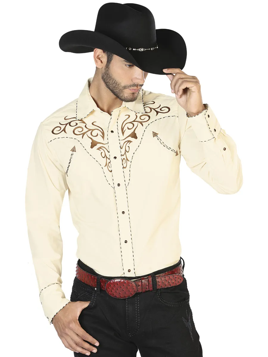 Camisa Vaquera Bordada Manga Larga Beige para Hombre 'El Señor de los Cielos' - ID: 42890