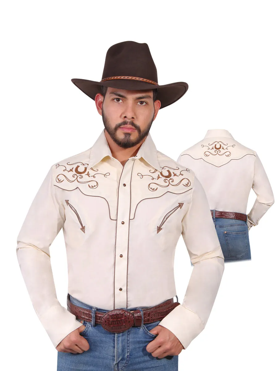 Camisa Vaquera Bordada Manga Larga Beige para Hombre 'El Señor de los Cielos' - ID: 42947