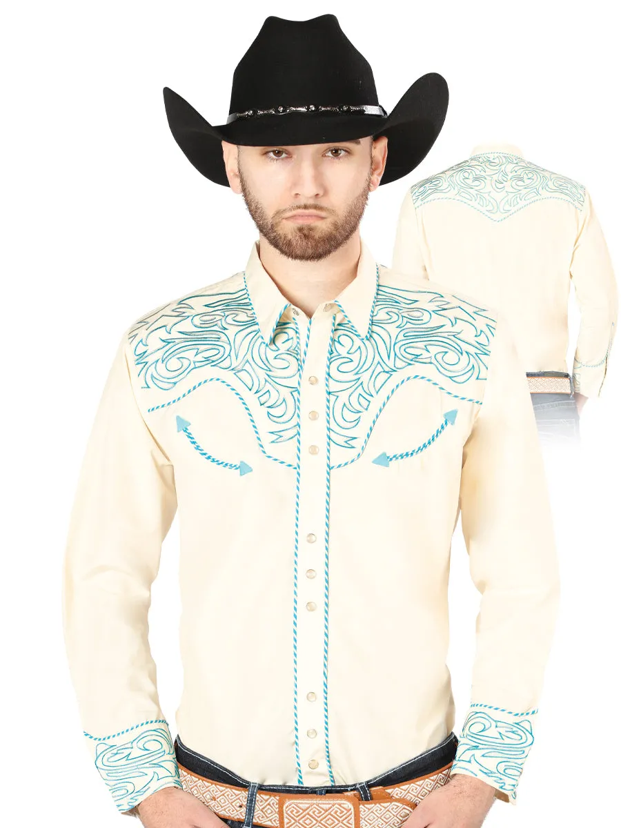 Camisa Vaquera Bordada Manga Larga Beige para Hombre 'El Señor de los Cielos' - ID: 44199