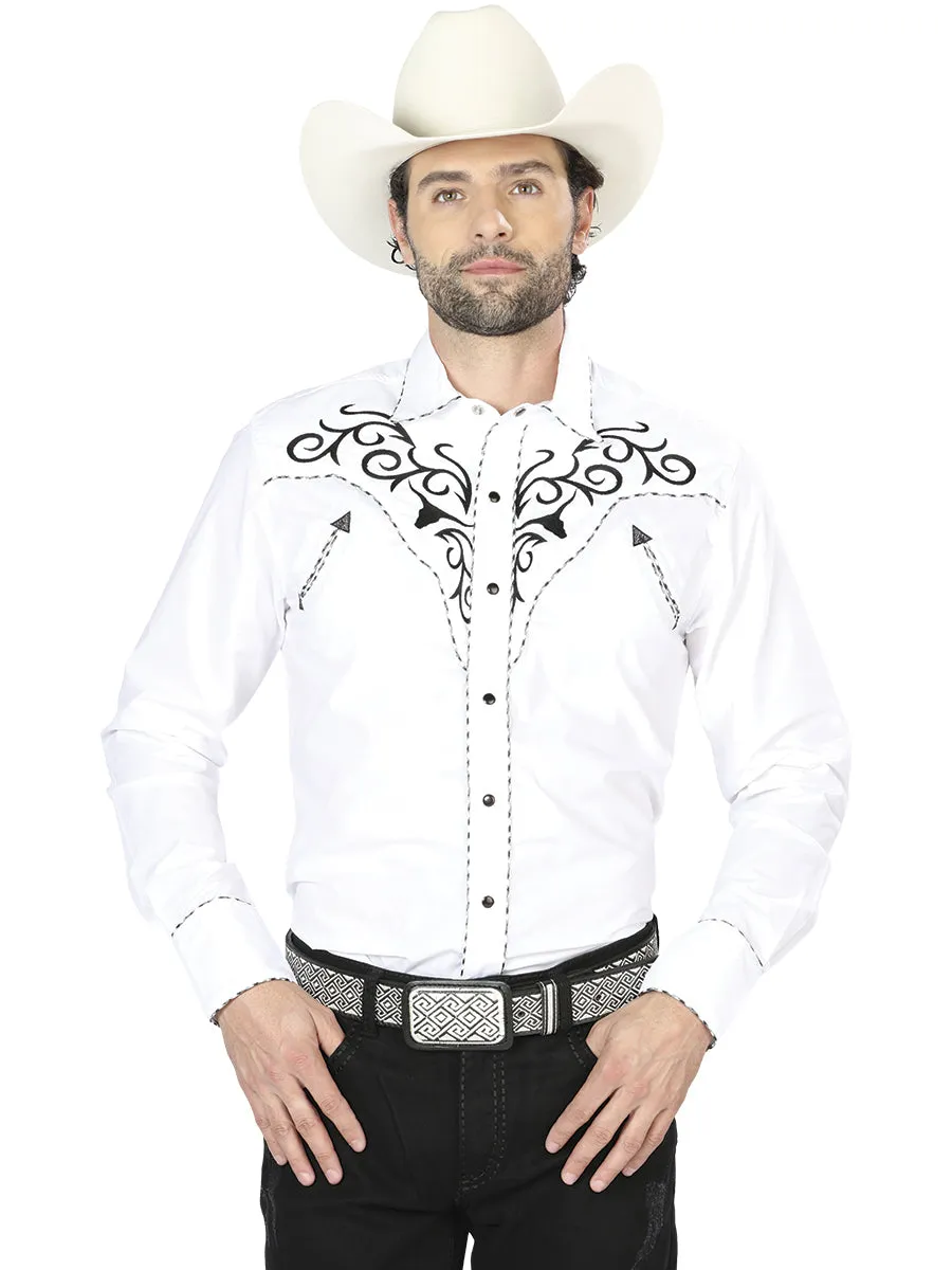 Camisa Vaquera Bordada Manga Larga Blanco para Hombre 'El Señor de los Cielos' - ID: 41004