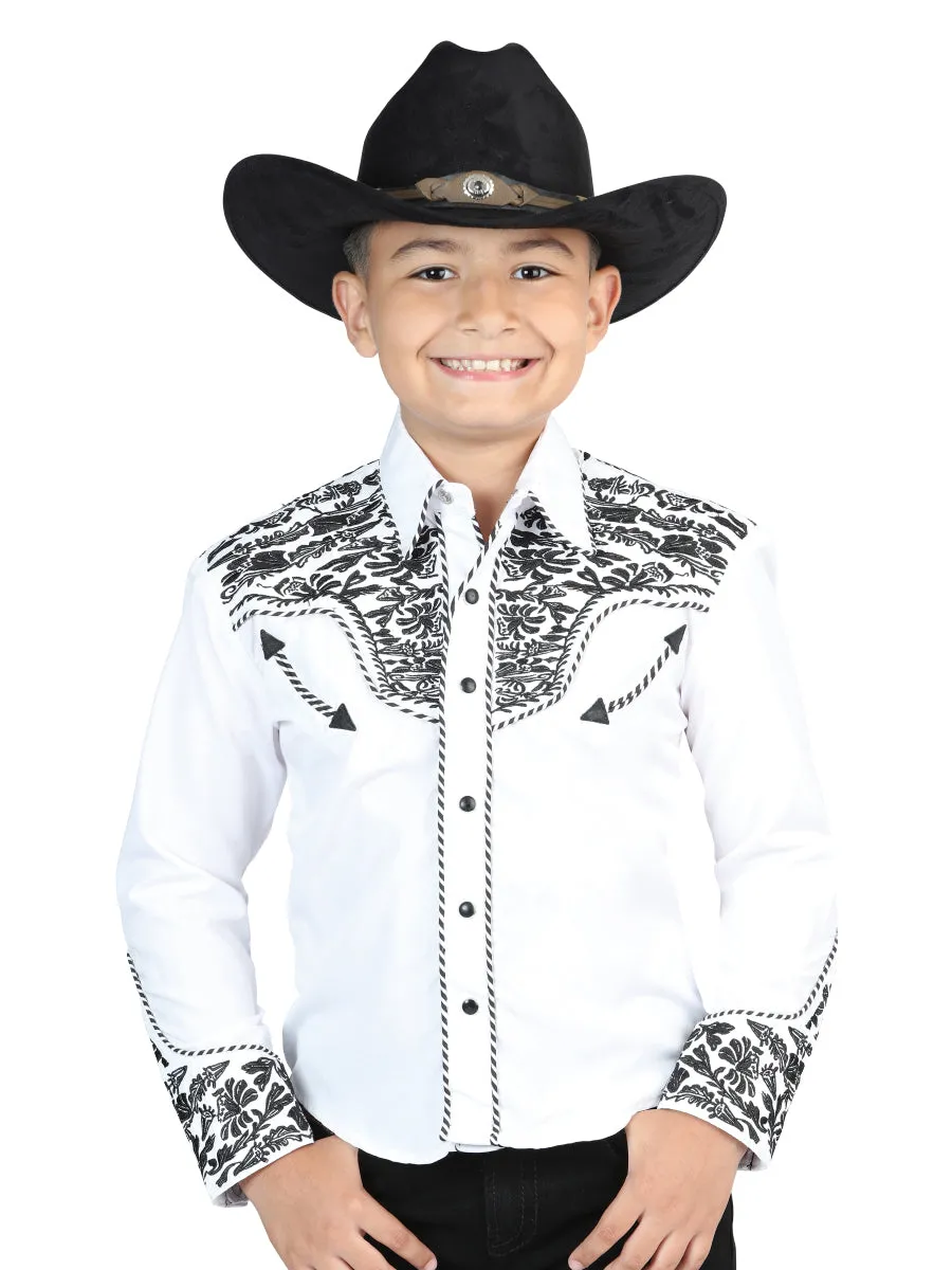 Camisa Vaquera Bordada Manga Larga Blanco/Negro para Niños 'El General' - ID: 44347