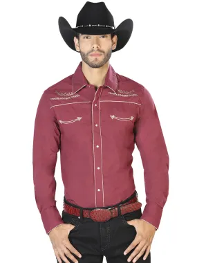 Camisa Vaquera Bordada Manga Larga Burgandy para Hombre 'El Señor de los Cielos' - ID: 42951