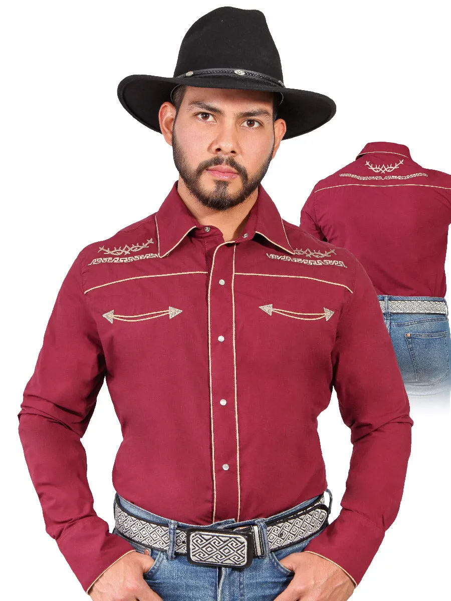 Camisa Vaquera Bordada Manga Larga Burgandy para Hombre 'El Señor de los Cielos' - ID: 42951