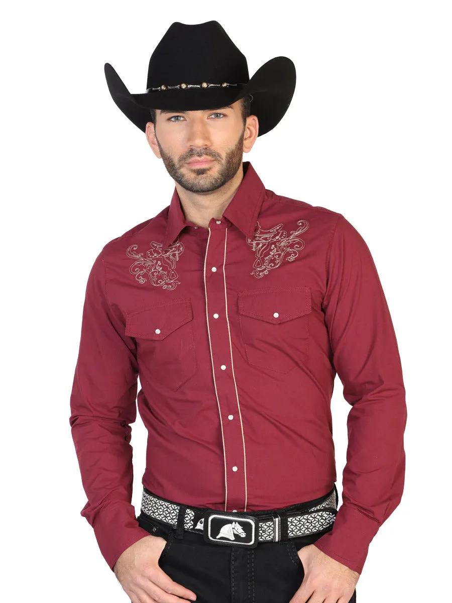 Camisa Vaquera Bordada Manga Larga Burgandy para Hombre 'El Señor de los Cielos' - ID: 42955