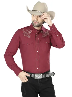 Camisa Vaquera Bordada Manga Larga Burgandy para Hombre 'El Señor de los Cielos' - ID: 42955