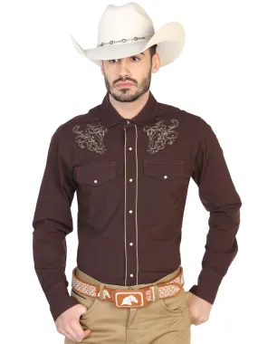 Camisa Vaquera Bordada Manga Larga Cafe para Hombre 'El Señor de los Cielos' - ID: 42953