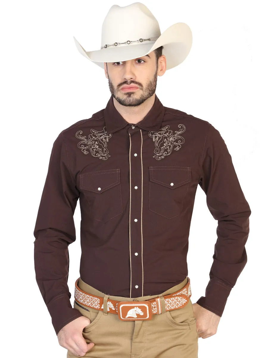 Camisa Vaquera Bordada Manga Larga Cafe para Hombre 'El Señor de los Cielos' - ID: 42953