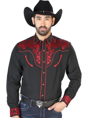 Camisa Vaquera Bordada Manga Larga Negro para Hombre 'El Señor de los Cielos' - ID: 126701