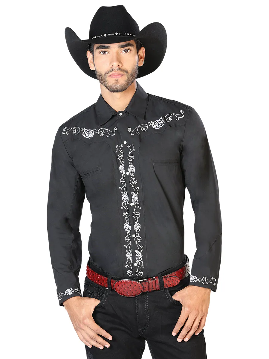 Camisa Vaquera Bordada Manga Larga Negro para Hombre 'El Señor de los Cielos' - ID: 42937