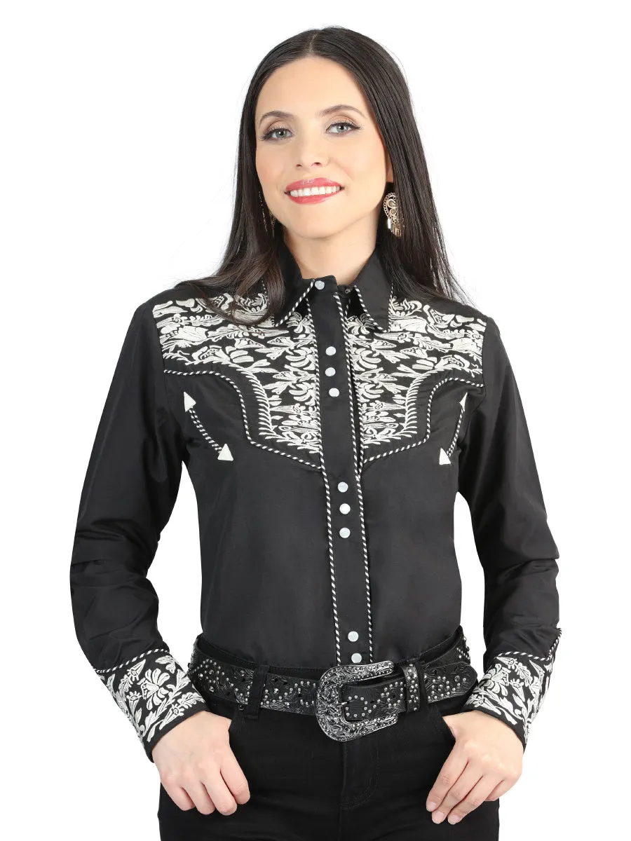 Camisa Vaquera Bordada Manga Larga Negro/Plata para Mujer 'El General' - ID: 44342