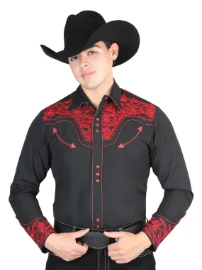 Camisa Vaquera Bordada Manga Larga Negro/Rojo para Hombre 'El General' - ID: 44335