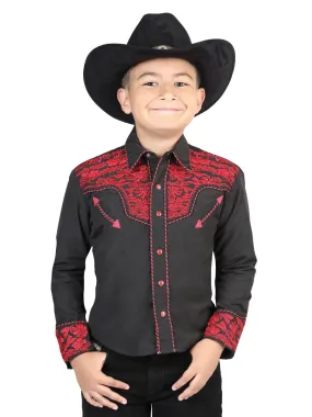 Camisa Vaquera Bordada Manga Larga Negro/Rojo para Niños 'El General' - ID: 44348