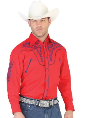 Camisa Vaquera Bordada Manga Larga Rojo para Hombre 'El General' - ID: 42340