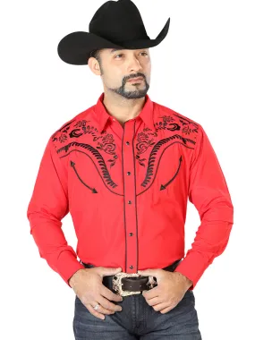 Camisa Vaquera Bordada Manga Larga Rojo para Hombre 'El Señor de los Cielos' - ID: 126693