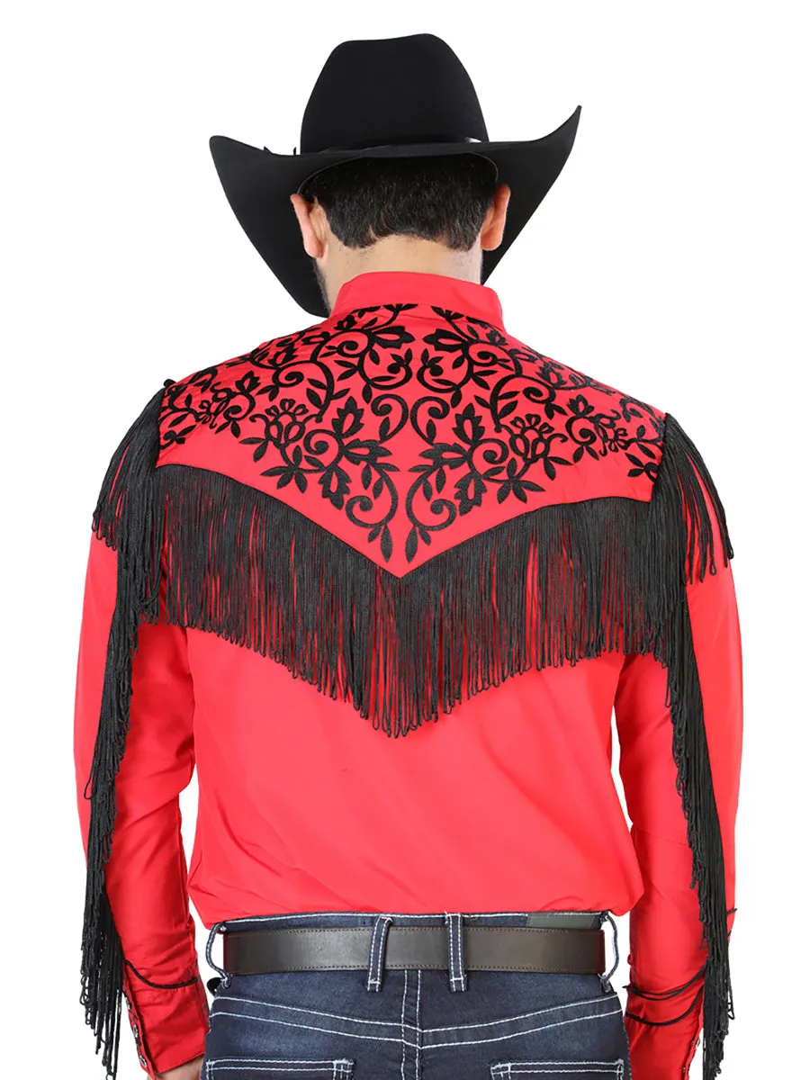 Camisa Vaquera Bordada Manga Larga Rojo para Hombre 'El Señor de los Cielos' - ID: 126699