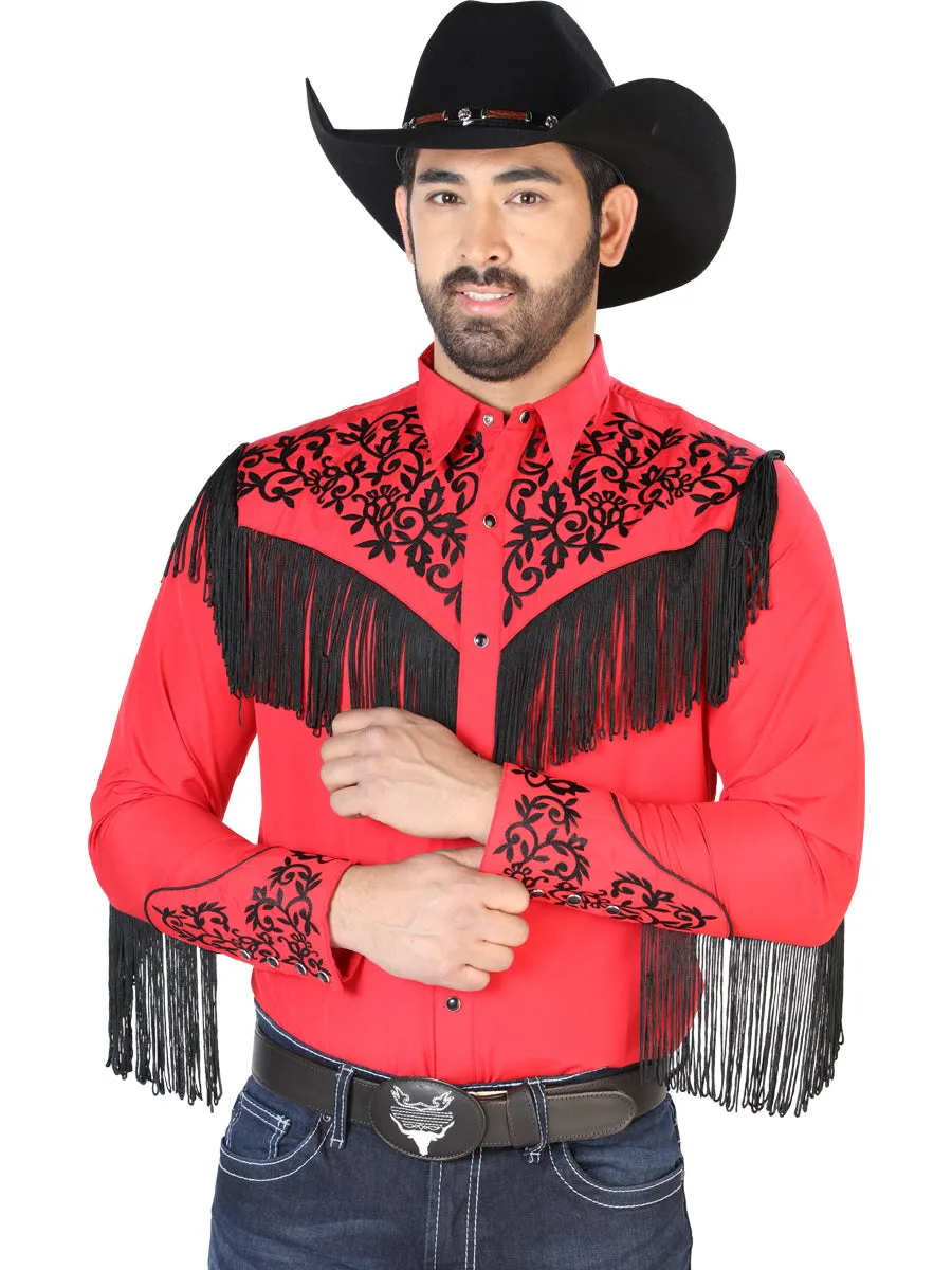 Camisa Vaquera Bordada Manga Larga Rojo para Hombre 'El Señor de los Cielos' - ID: 126699