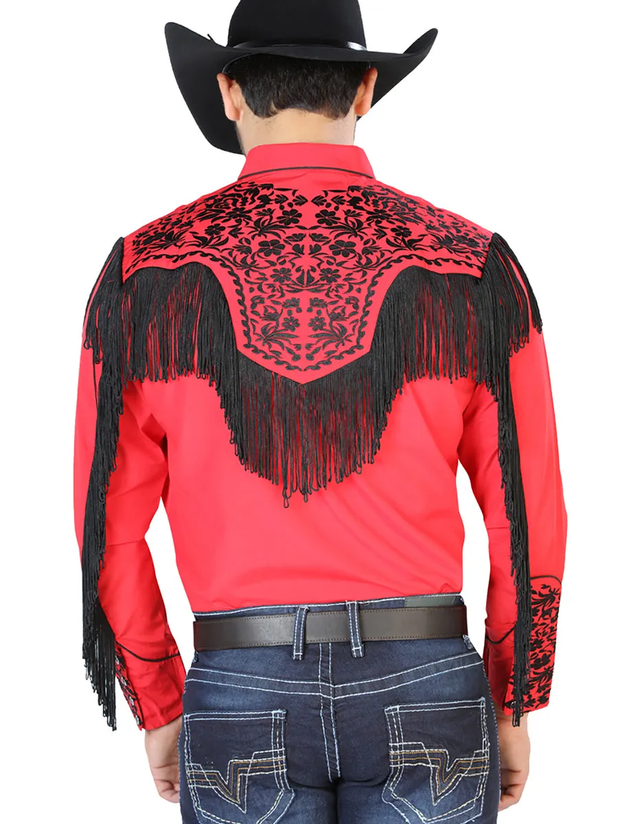 Camisa Vaquera Bordada Manga Larga Rojo para Hombre 'El Señor de los Cielos' - ID: 126709