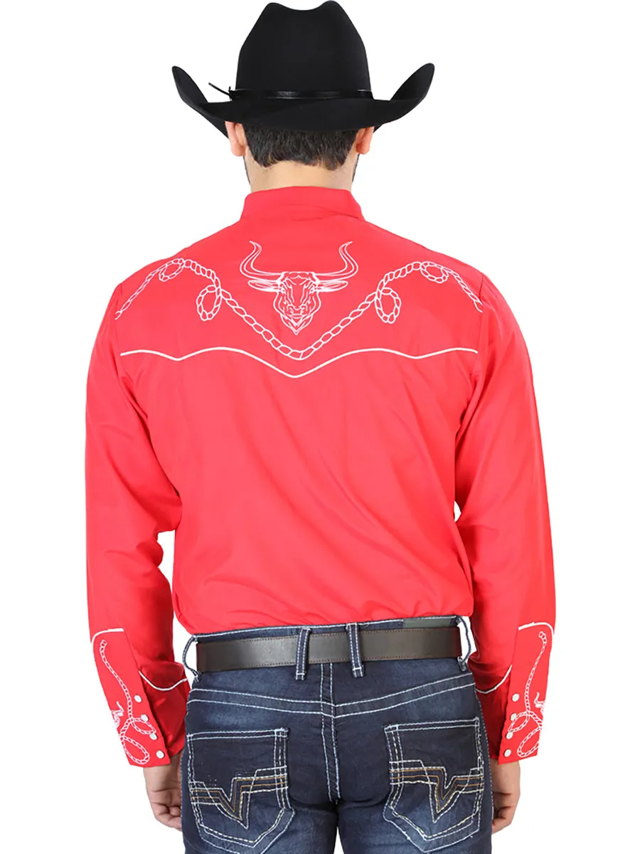 Camisa Vaquera Bordada Manga Larga Rojo para Hombre 'El Señor de los Cielos' - ID: 126713