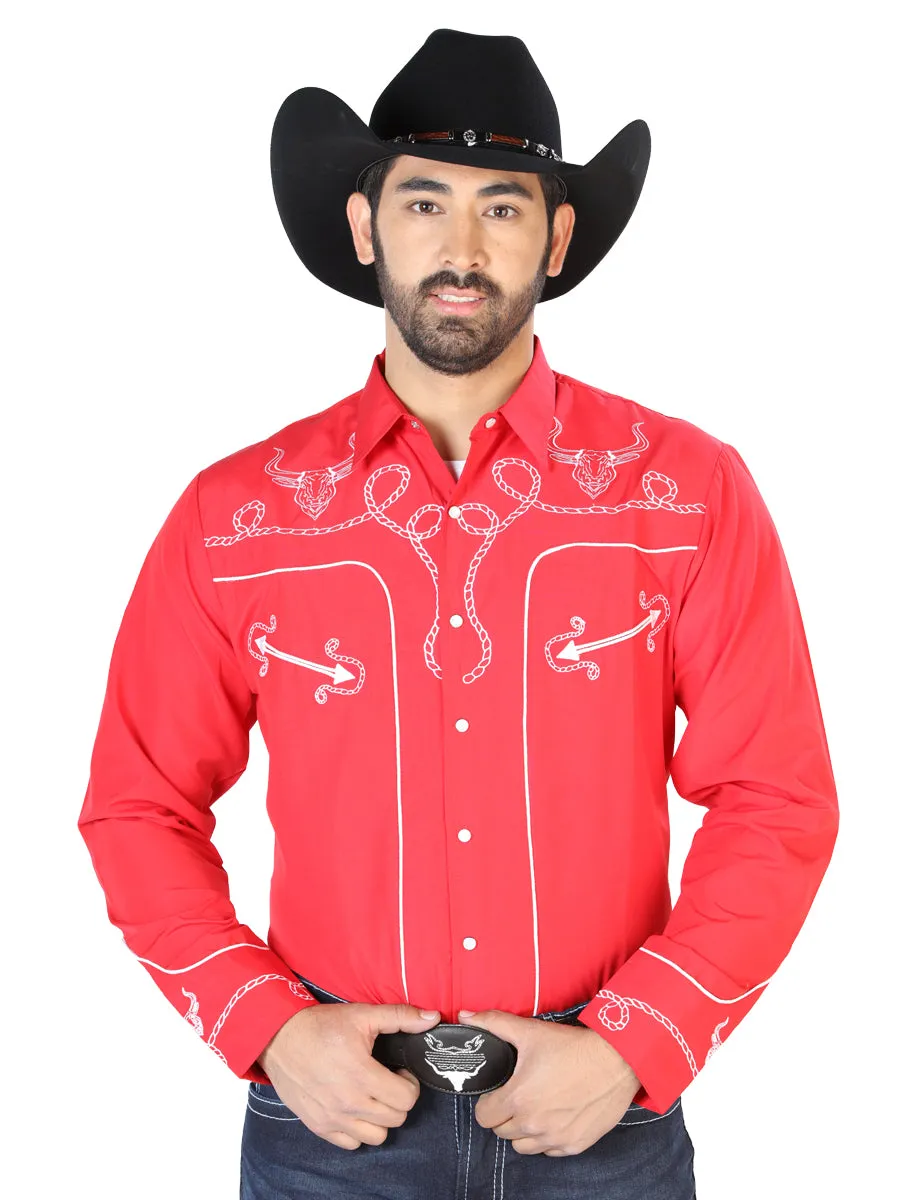 Camisa Vaquera Bordada Manga Larga Rojo para Hombre 'El Señor de los Cielos' - ID: 126713