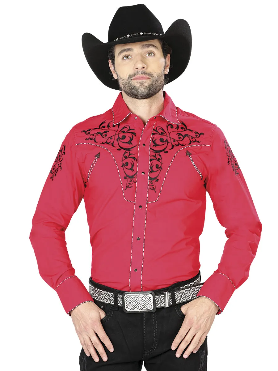 Camisa Vaquera Bordada Manga Larga Rojo para Hombre 'El Señor de los Cielos' - ID: 40992