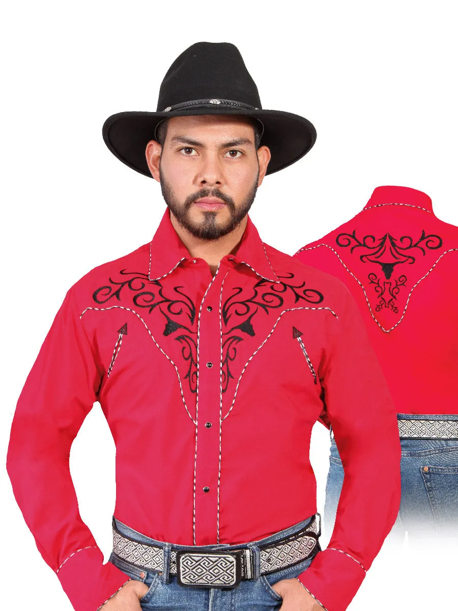 Camisa Vaquera Bordada Manga Larga Rojo para Hombre 'El Señor de los Cielos' - ID: 42889