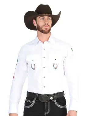 Camisa Vaquera Bordada Mexico Manga Larga Blanco para Hombre 'El General' - ID: 44282