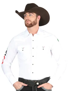 Camisa Vaquera Bordada Mexico Manga Larga Blanco para Hombre 'El General' - ID: 44284