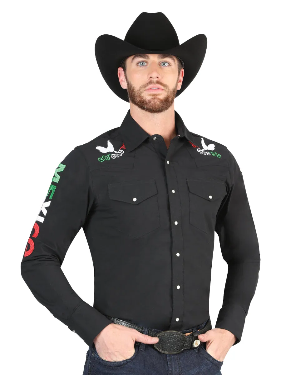 Camisa Vaquera Bordada Mexico Manga Larga Negro para Hombre 'El General' - ID: 44276