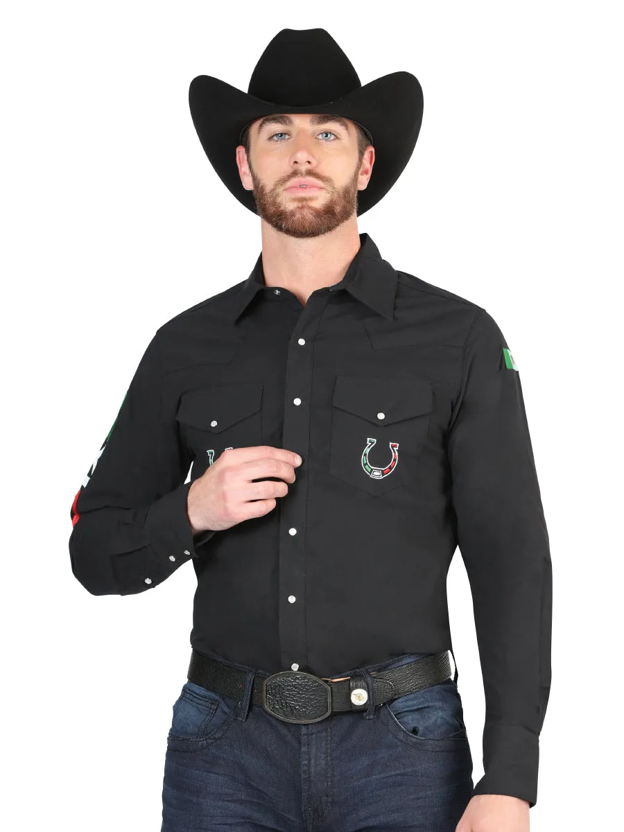 Camisa Vaquera Bordada Mexico Manga Larga Negro para Hombre 'El General' - ID: 44281