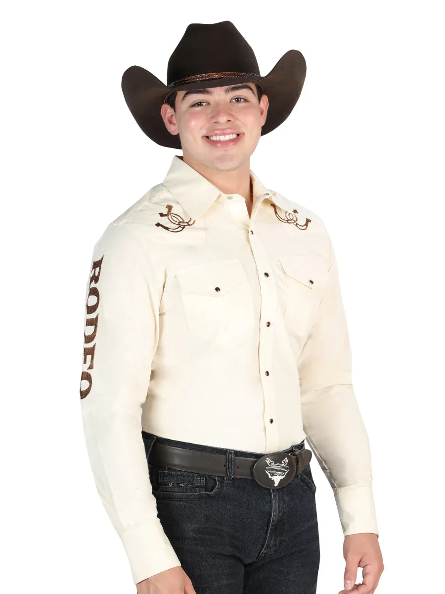 Camisa Vaquera Bordada Rodeo Manga Larga Beige para Hombre 'El General' - ID: 44289