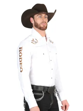 Camisa Vaquera Bordada Rodeo Manga Larga Blanco para Hombre 'El General' - ID: 44287