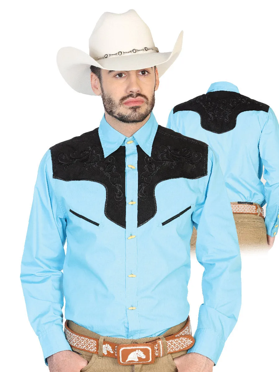 Camisa Vaquera Charra Bordada Manga Larga Azul Claro para Hombre 'El Señor de los Cielos' - ID: 42579