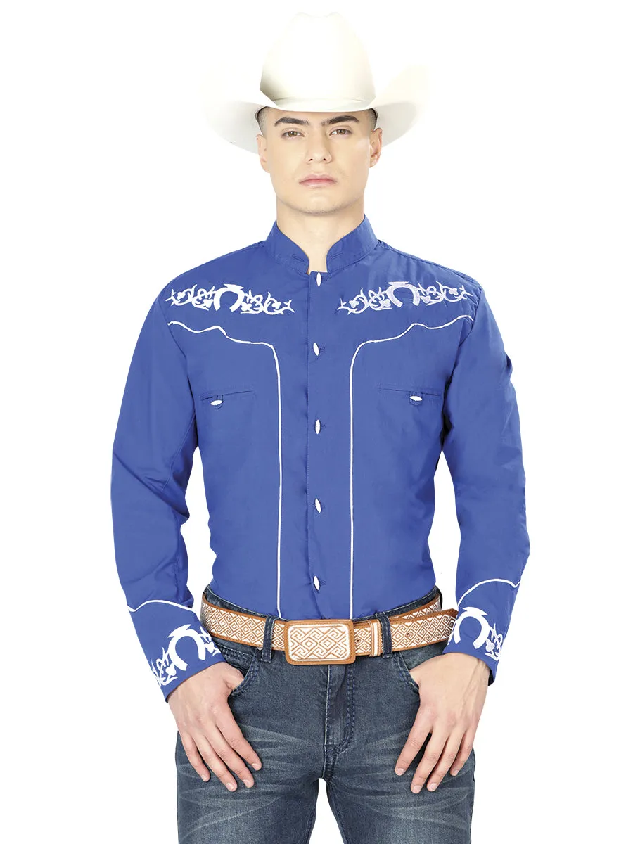 Camisa Vaquera Charra Bordada Manga Larga Azul Rey para Hombre 'El Señor de los Cielos' - ID: 40791