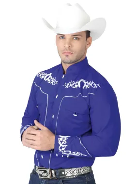 Camisa Vaquera Charra Bordada Manga Larga Azul Rey para Hombre 'El Señor de los Cielos' - ID: 40791