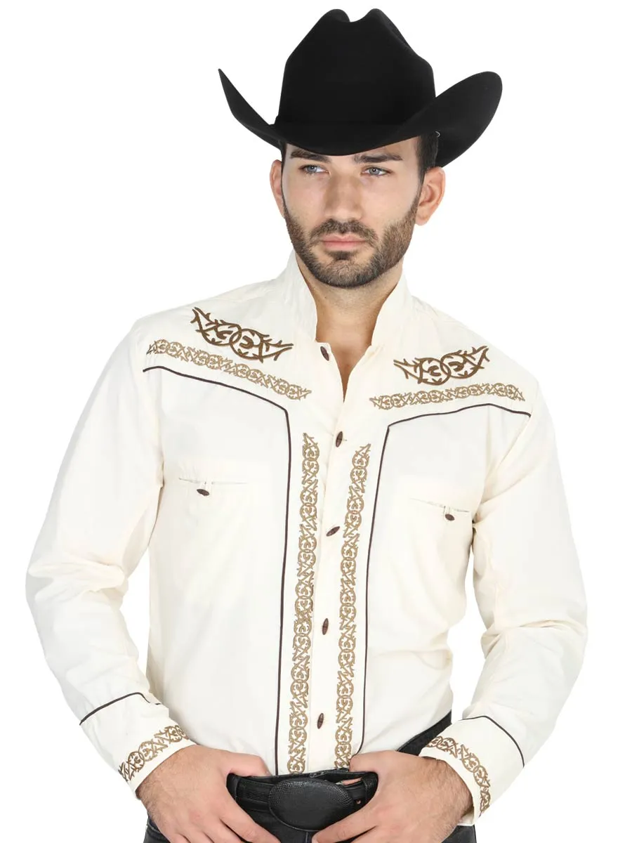 Camisa Vaquera Charra Bordada Manga Larga Beige para Hombre 'El Señor de los Cielos' - ID: 40784