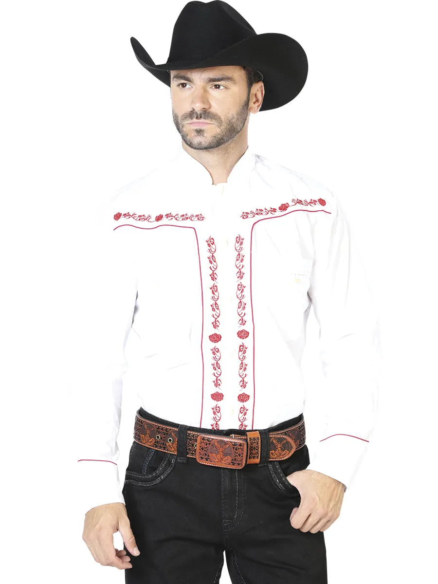 Camisa Vaquera Charra Bordada Manga Larga Blanco para Hombre 'El Señor de los Cielos' - ID: 42922