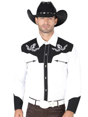 Camisa Vaquera Charra Bordada Manga Larga Blanco/Negro para Hombre 'El Señor de los Cielos' - ID: 35185