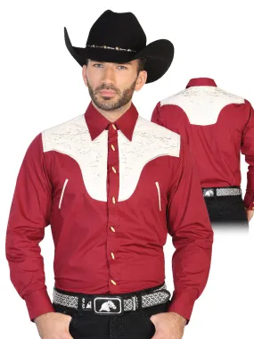 Camisa Vaquera Charra Bordada Manga Larga Burgandy para Hombre 'El Señor de los Cielos' - ID: 42586