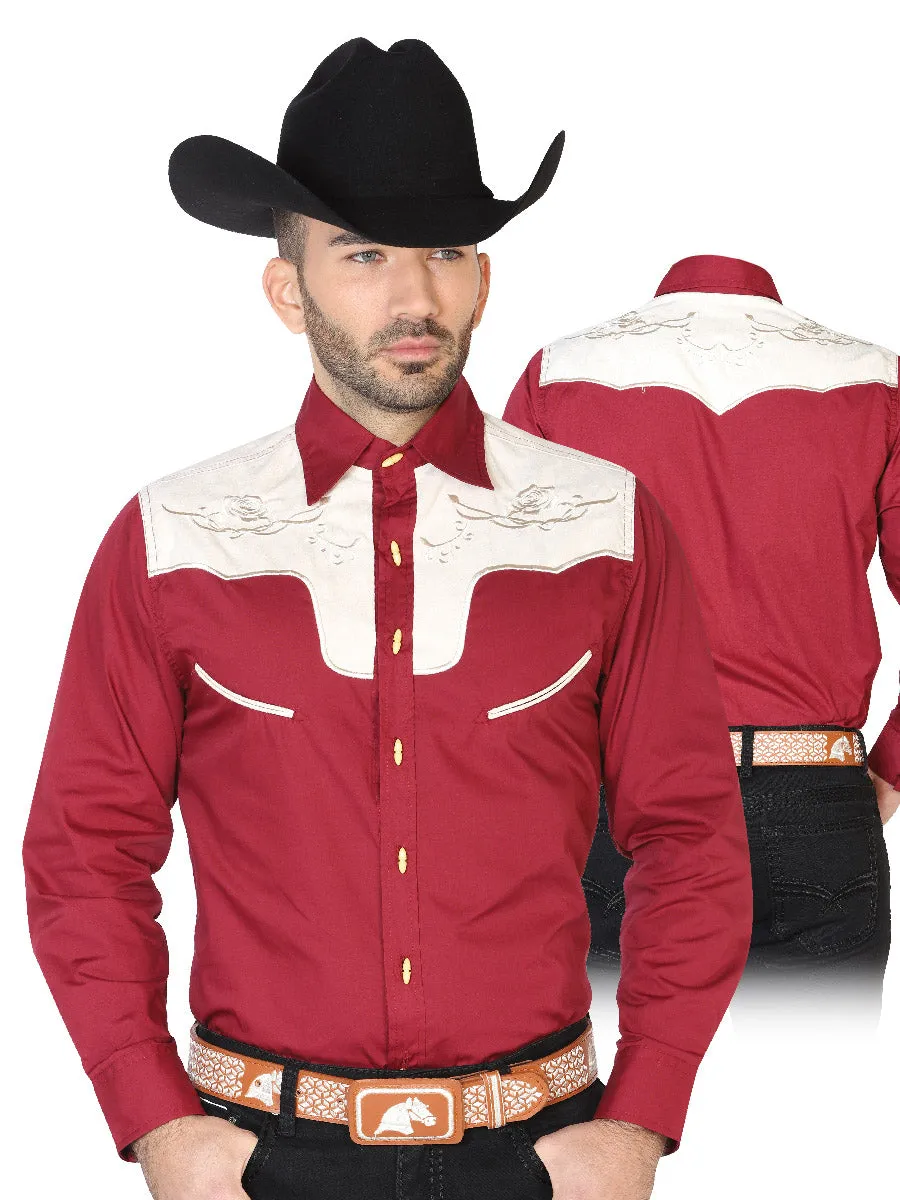 Camisa Vaquera Charra Bordada Manga Larga Burgandy para Hombre 'El Señor de los Cielos' - ID: 42592