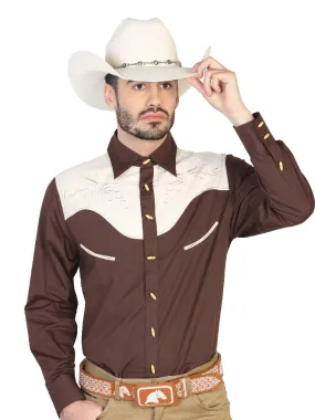 Camisa Vaquera Charra Bordada Manga Larga Cafe para Hombre 'El Señor de los Cielos' - ID: 42571