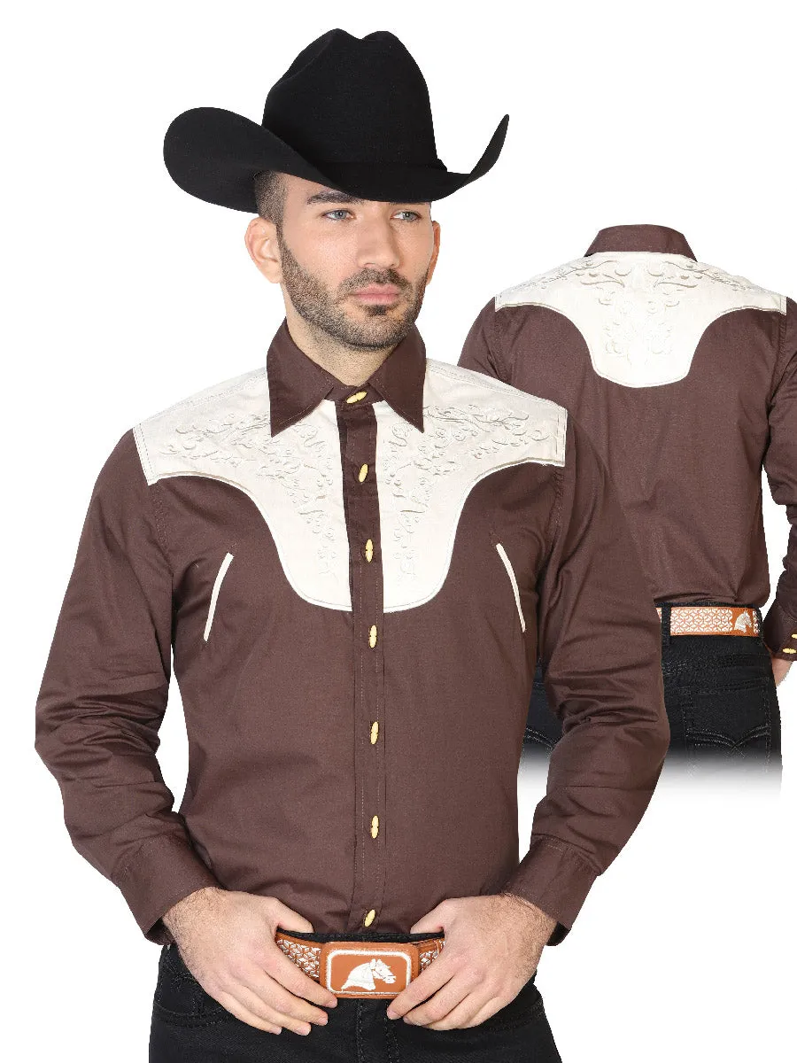 Camisa Vaquera Charra Bordada Manga Larga Cafe para Hombre 'El Señor de los Cielos' - ID: 42583