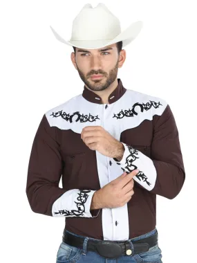 Camisa Vaquera Charra Bordada Manga Larga Cafe/Blanco para Hombre 'El Señor de los Cielos' - ID: 40793