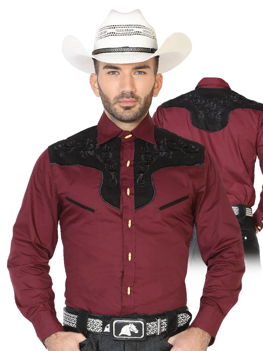 Camisa Vaquera Charra Bordada Manga Larga Morado para Hombre 'El Señor de los Cielos' - ID: 42578