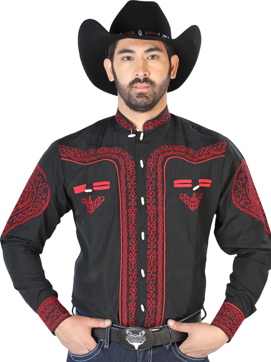 Camisa Vaquera Charra Bordada Manga Larga Negro para Hombre 'El Señor de los Cielos' - ID: 126687