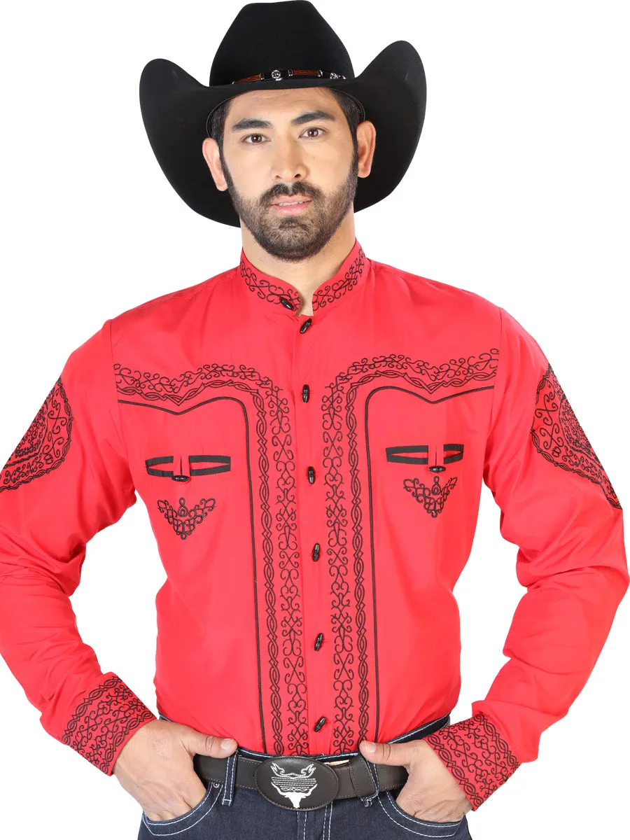 Camisa Vaquera Charra Bordada Manga Larga Rojo para Hombre 'El Señor de los Cielos' - ID: 126689