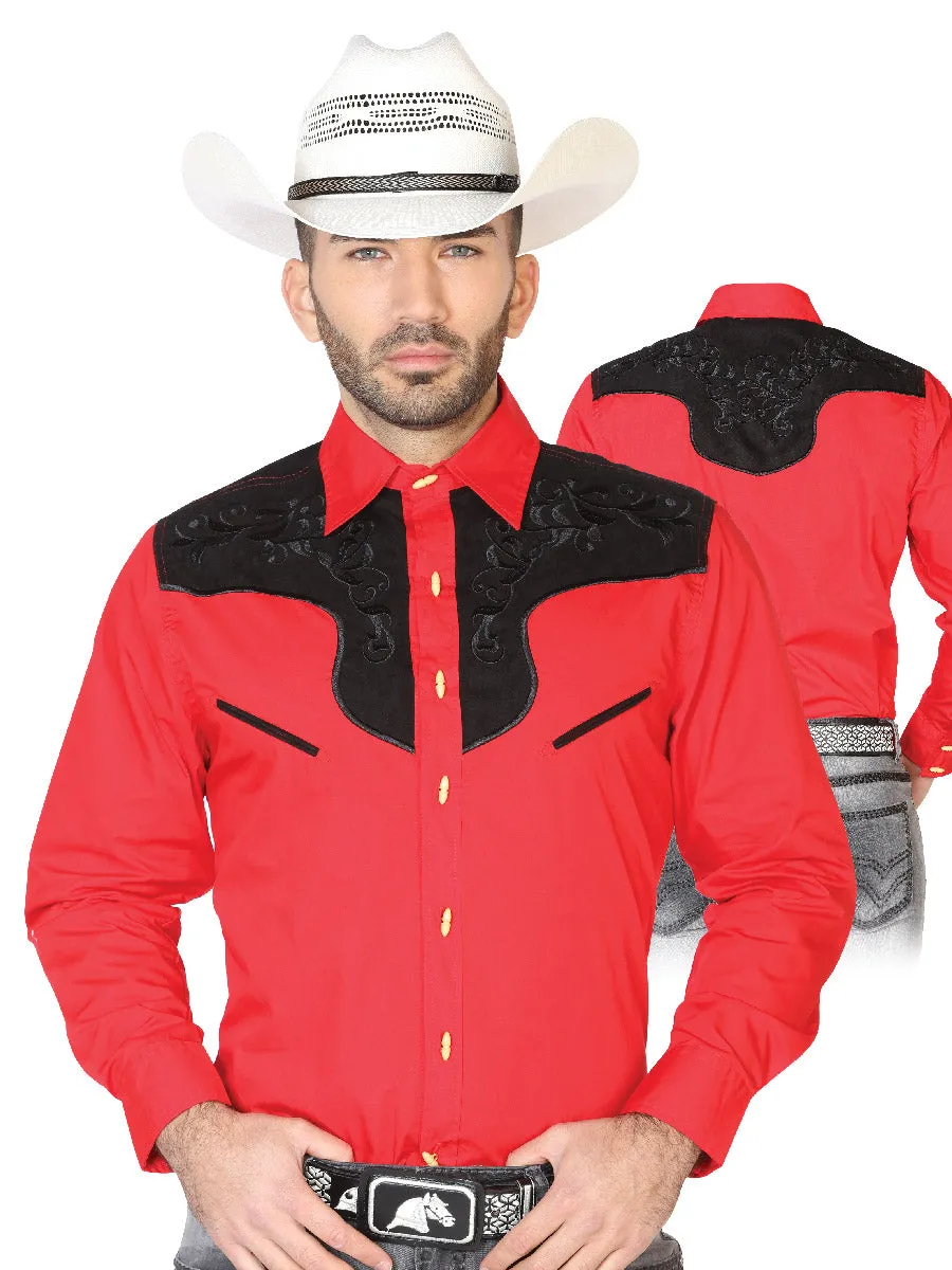 Camisa Vaquera Charra Bordada Manga Larga Rojo para Hombre 'El Señor de los Cielos' - ID: 42576