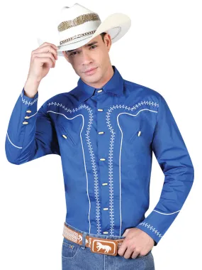 Camisa Vaquera Charra Manga Larga Azul Rey para Hombre 'El Señor de los Cielos' - ID: 42546