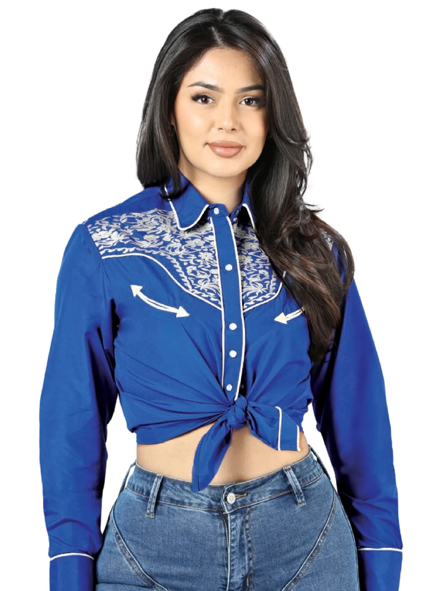 Camisa Vaquera Manga Larga Bordada Azul Rey para Mujer 'El Señor de los Cielos' - ID: 44185